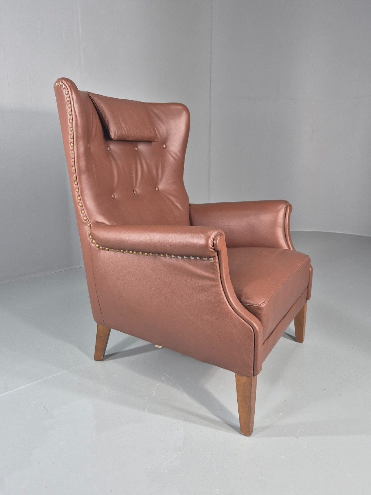 photo furniture Vintage Mid Century Wing Back Lounge Chair Danish Brown Vinyl Mnor