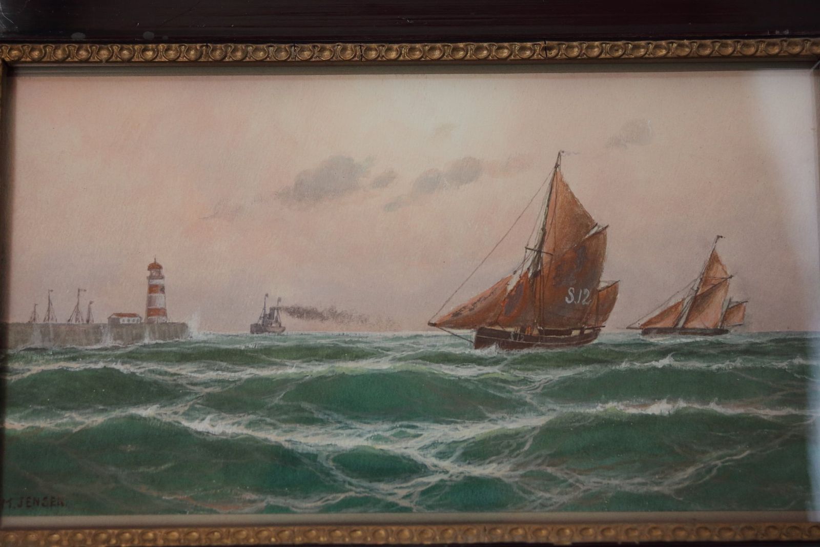 Max Jensen, Maritime Scene, Gouache On Paper, 19th Century, Framed photo Art