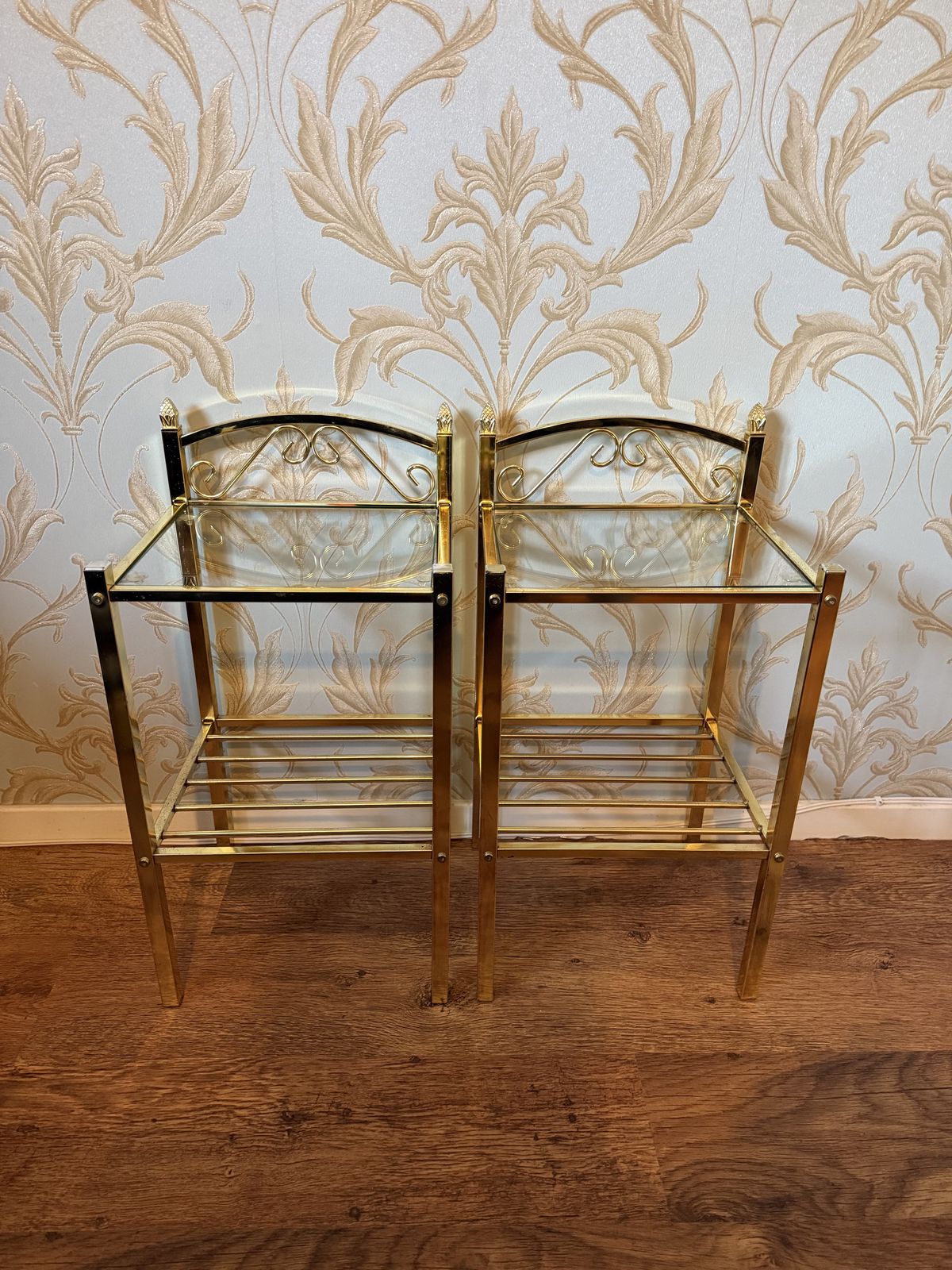 Pair Of Vintage Seetall Regency Gold Coloured Chrome & Glass Nightstands photo buy