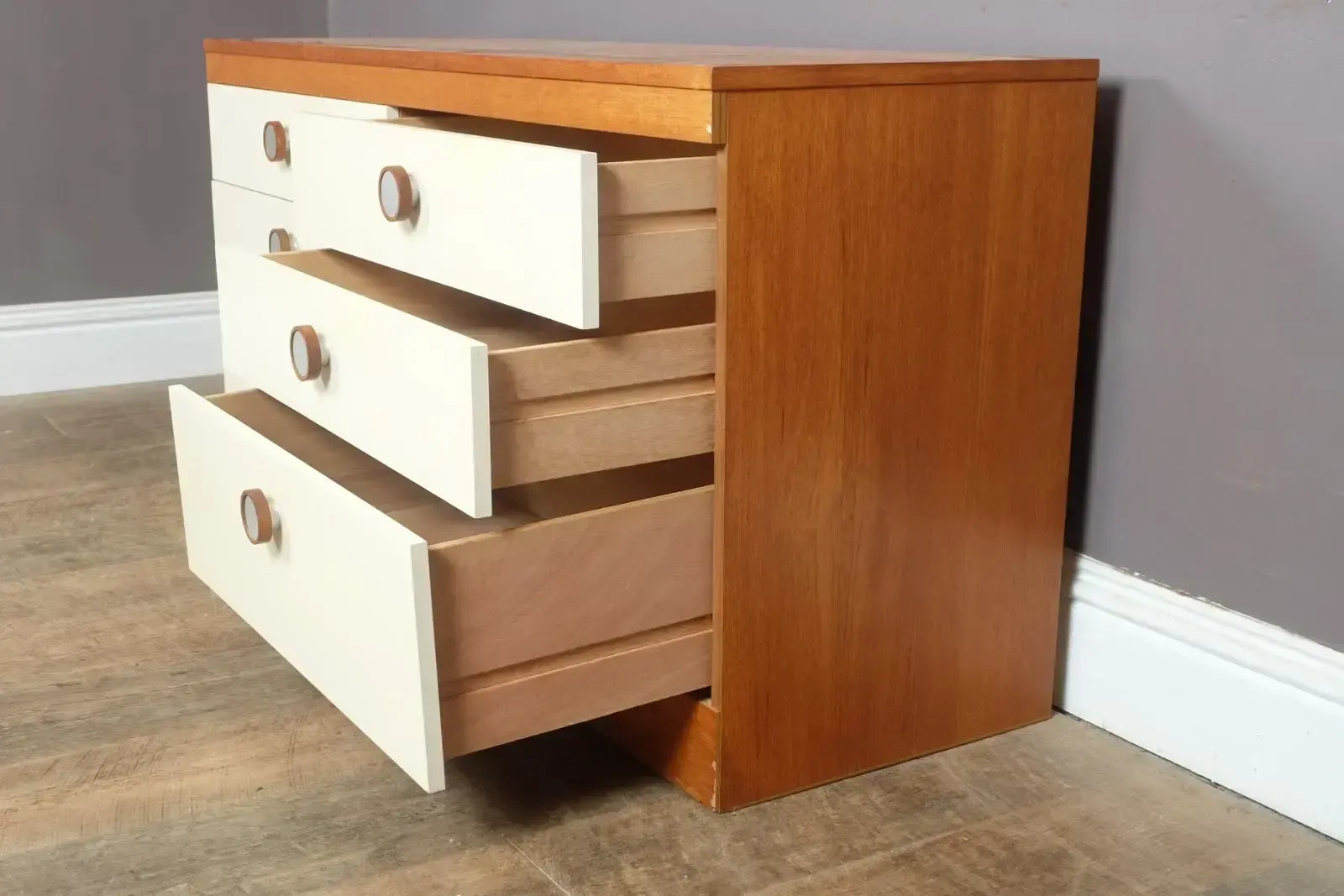 Vintage Retro Mid Century Teak White Fronted Chest Of Drawers By Stag photo vintage