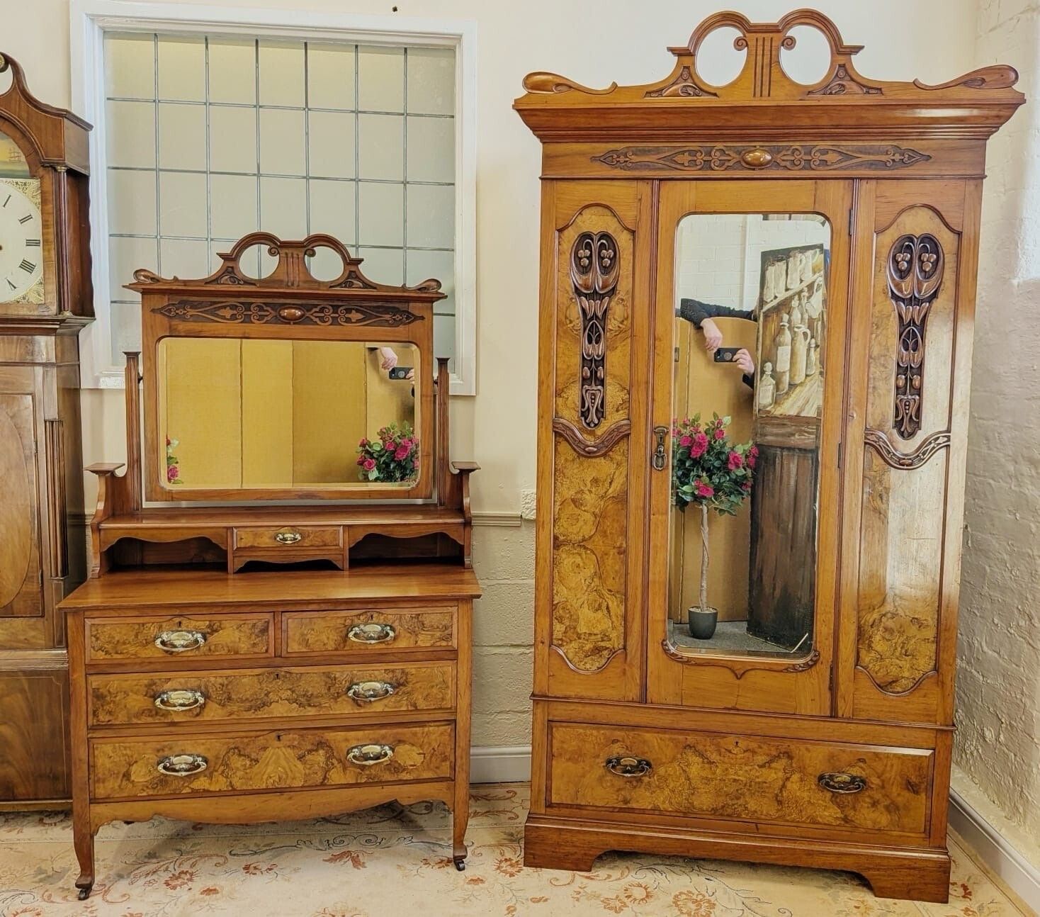 Elegant Edwardian Walnut & Burr Walnut Carved Wardrobe And Chest