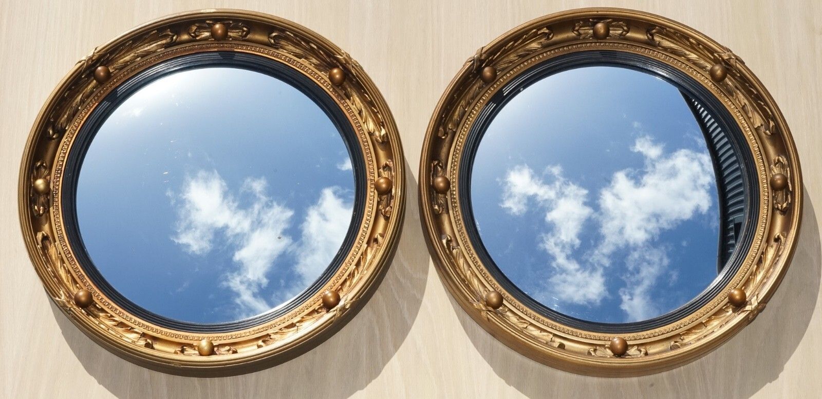 Antique Pair Of 1930's Atsonea Butlers Convex Gold Gilt Wood Wall Mirror