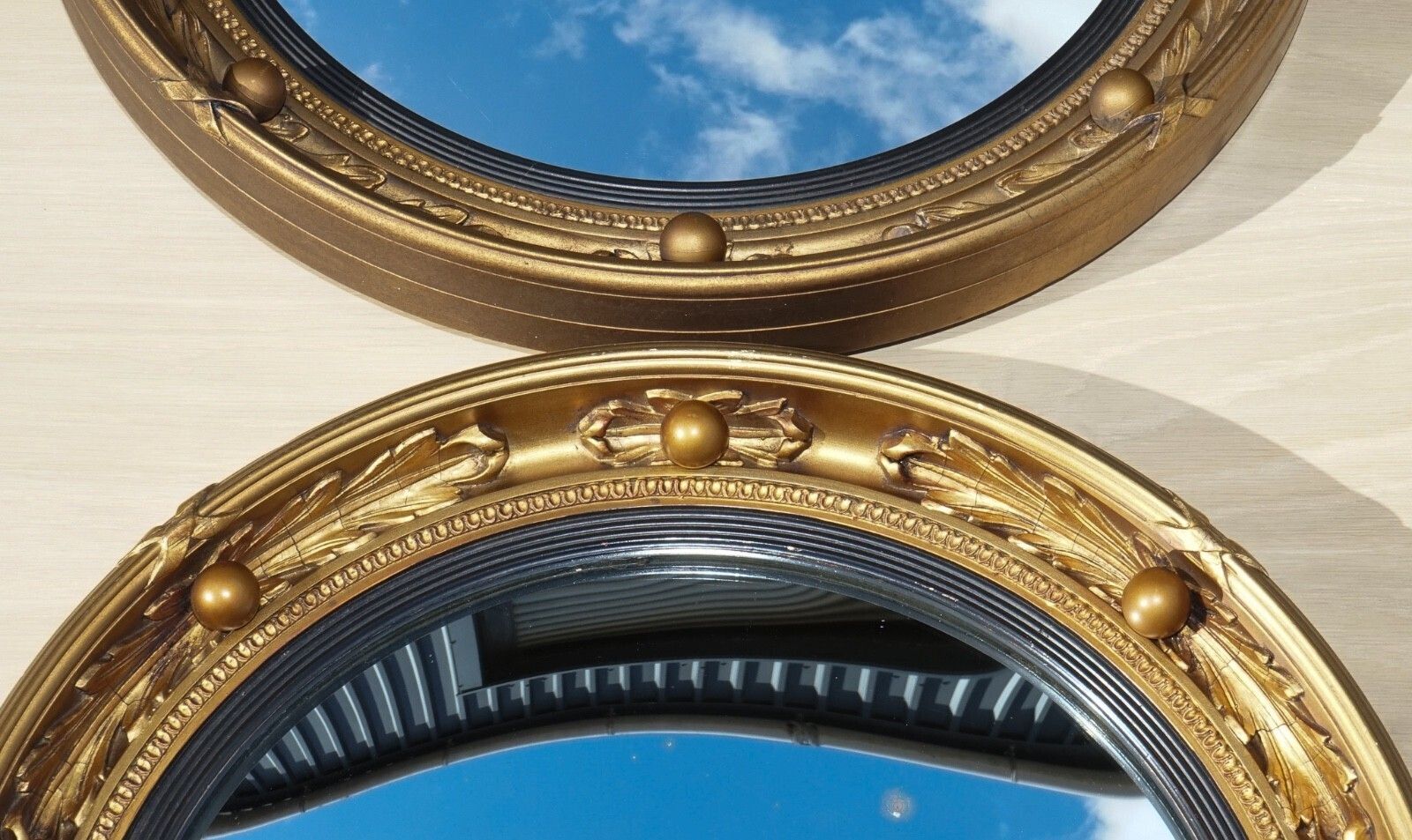 Antique Pair Of 1930's Atsonea Butlers Convex Gold Gilt Wood Wall Mirror photo 1350.0