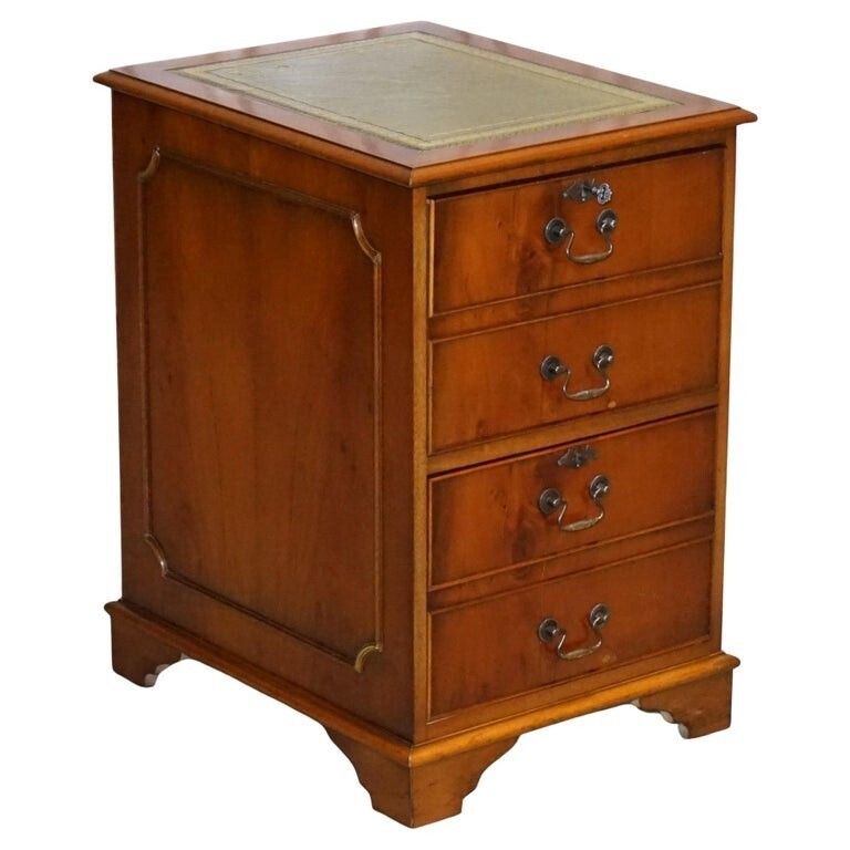 Vintage Yew Wood Filling Cabinet With Green Leather Top And Two Drawers (2)