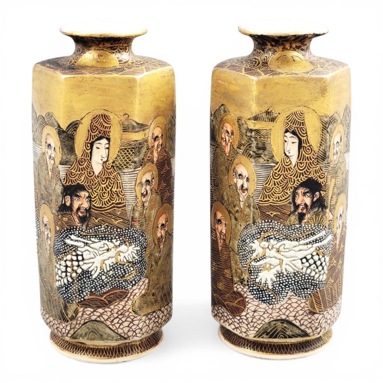 Pair Japanese Satsuma Ceramic Hexagonal Vases Rakan Dragon Moriage Meiji Taisho