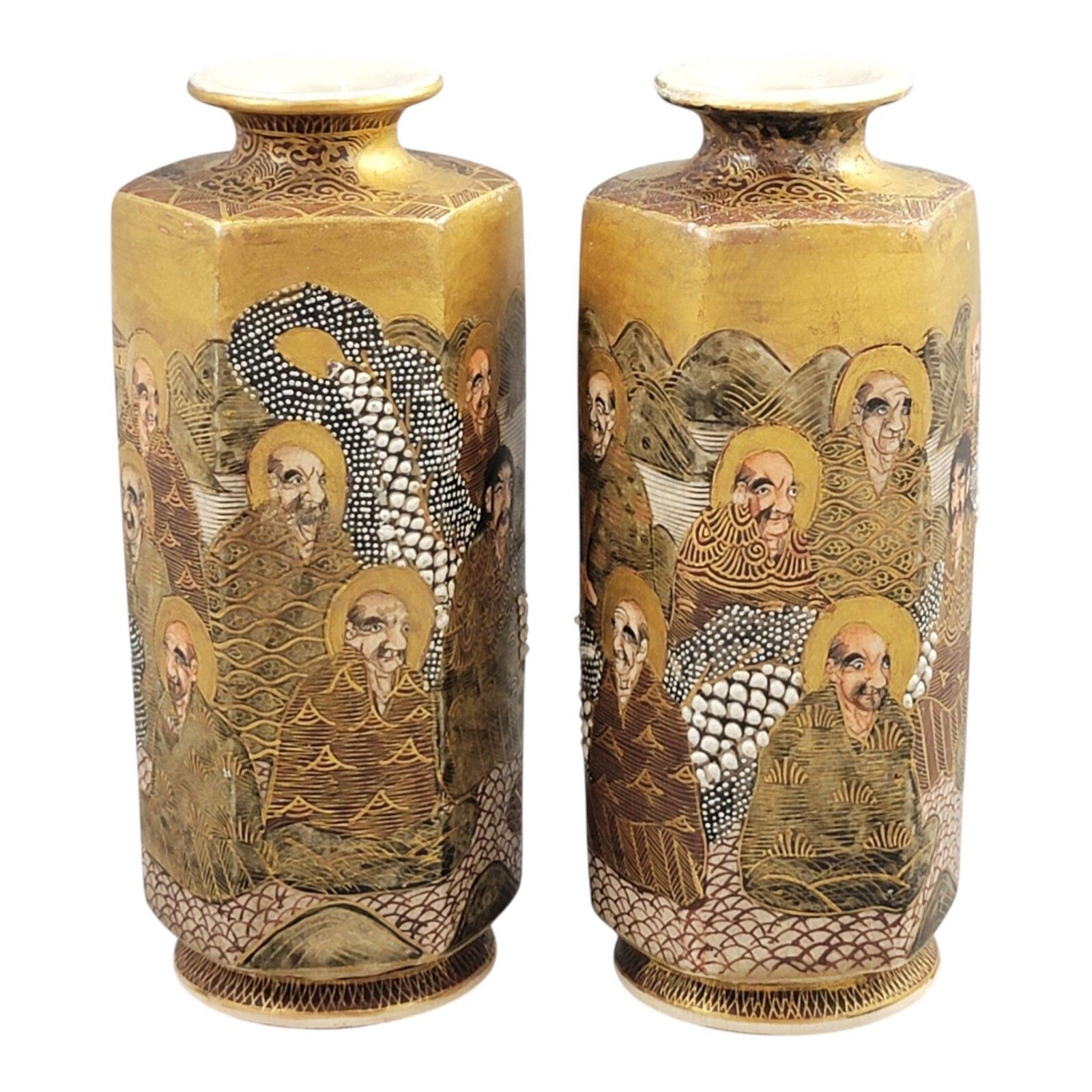 Pair Japanese Satsuma Ceramic Hexagonal Vases Rakan Dragon Moriage Meiji Taisho photo for sale