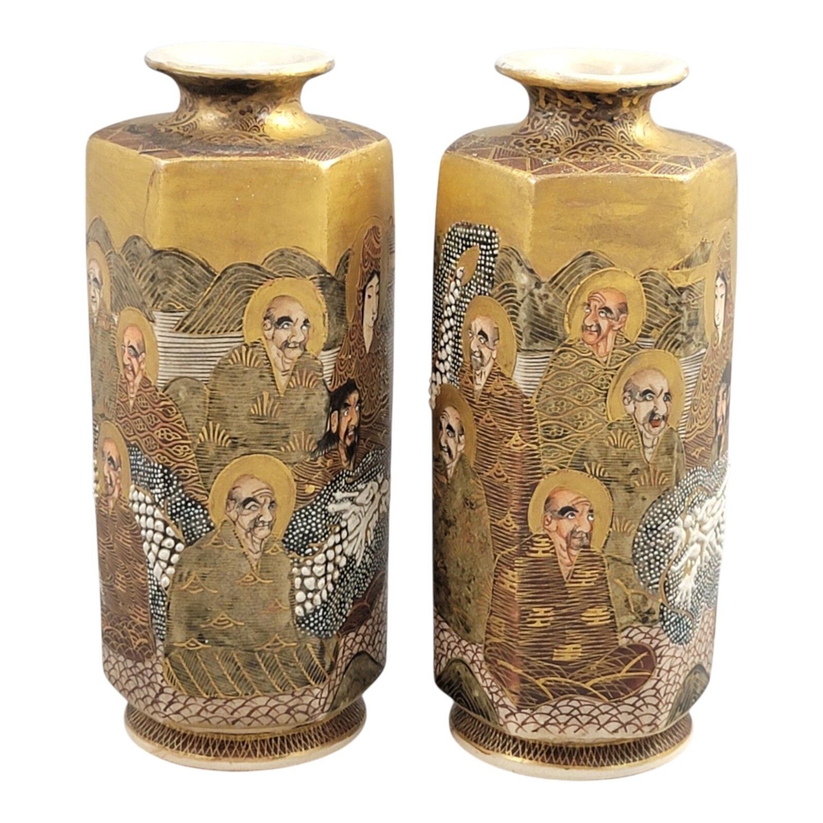 Pair Japanese Satsuma Ceramic Hexagonal Vases Rakan Dragon Moriage Meiji Taisho photo vinterior