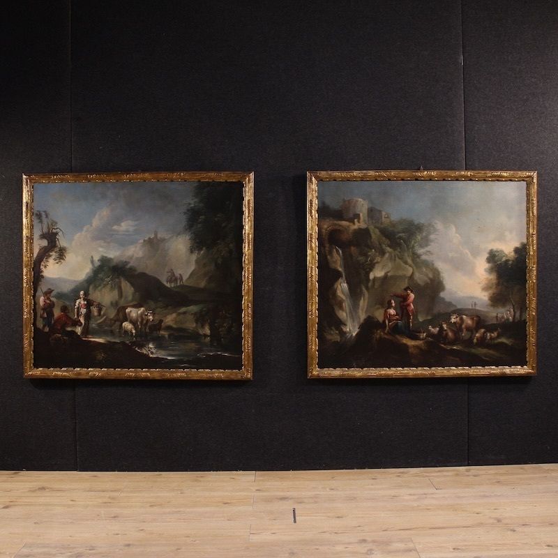Great 18th Century Italian Painting, Landscape With Genre Scene photo Art
