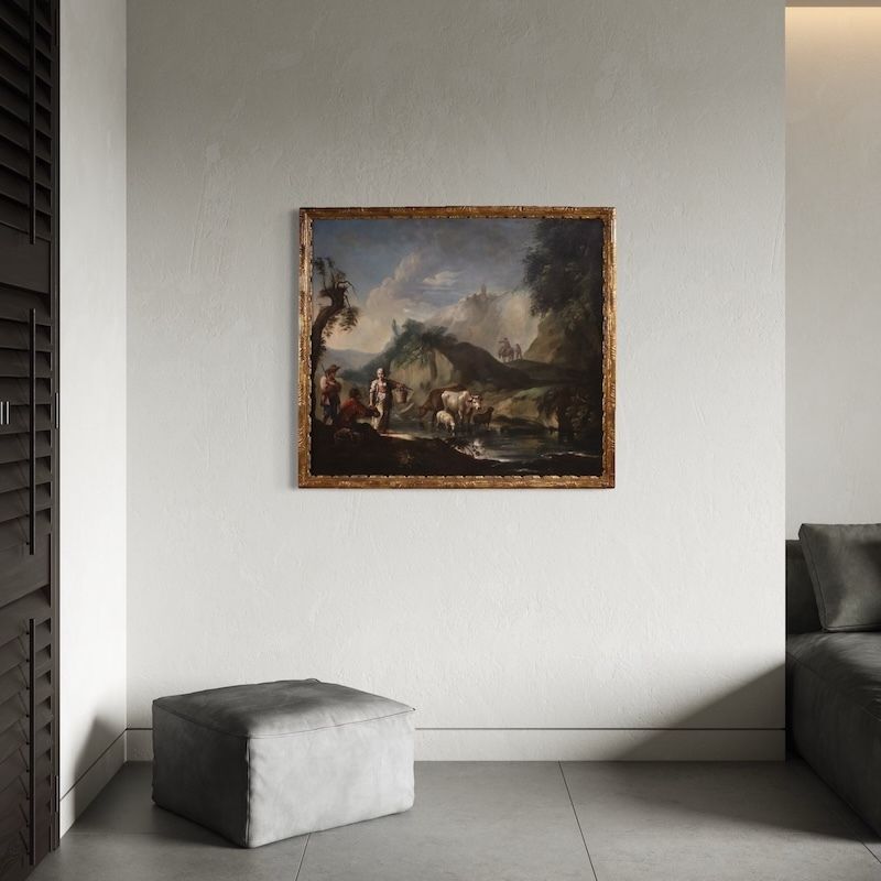Great 18th Century Italian Painting, Landscape With Genre Scene photo buy