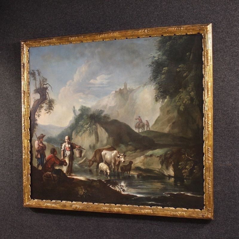 Art Great 18th Century Italian Painting, Landscape With Genre Scene photo