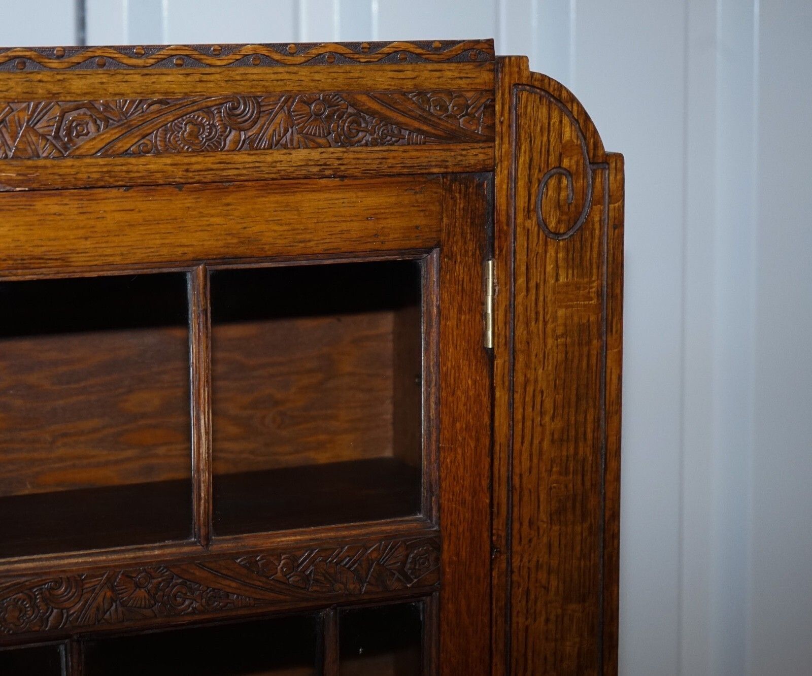 Antique Circa 1920's English Oak Art Deco Carved Bookcase Cabinet photo vintage