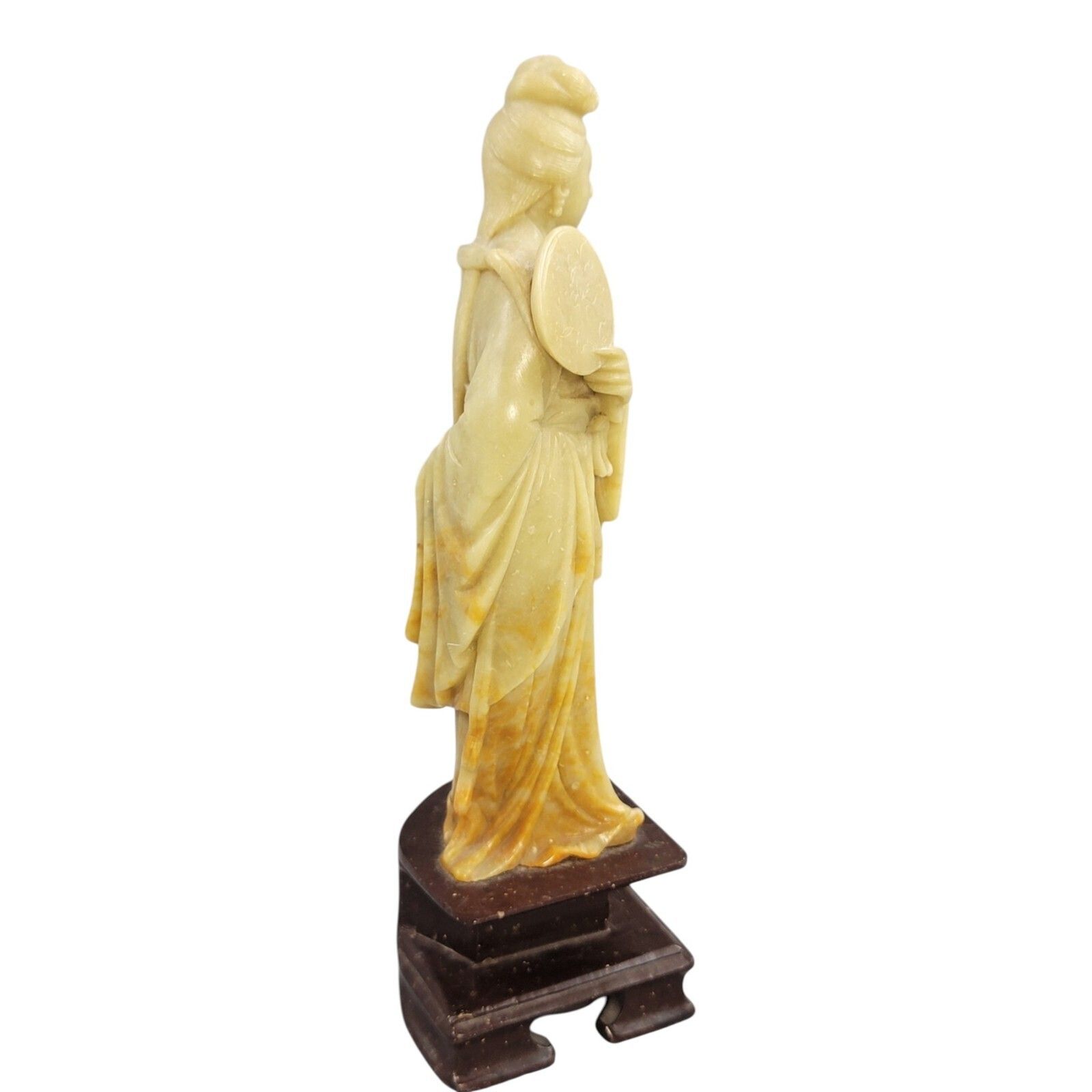 Antique Chinese Soapstone Figure Of Guanyin Holding A Round Fan, C. 1910 photo for sale