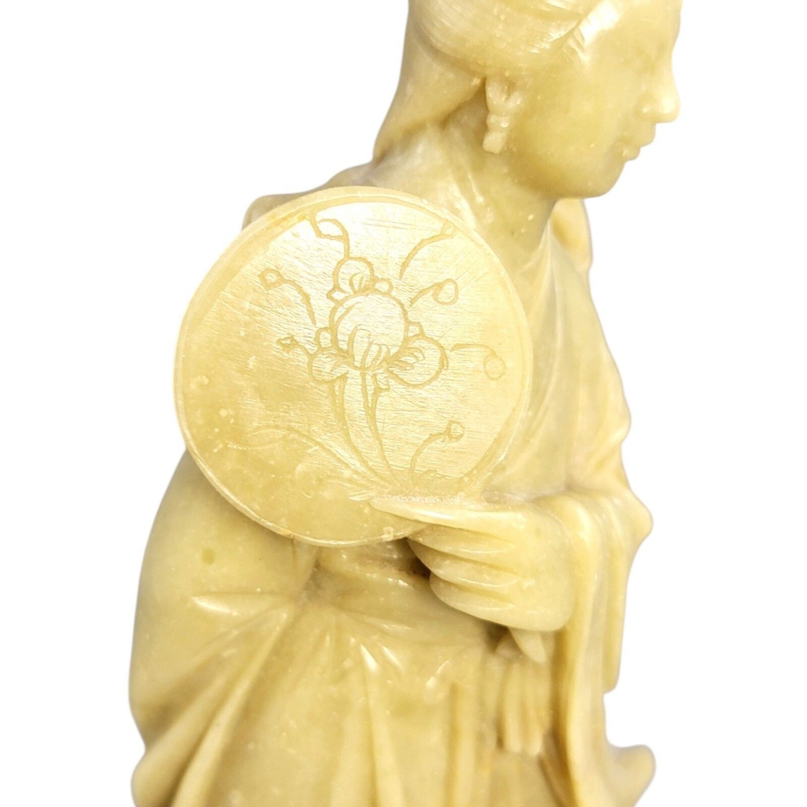 photo vintage Antique Chinese Soapstone Figure Of Guanyin Holding A Round Fan, C. 1910