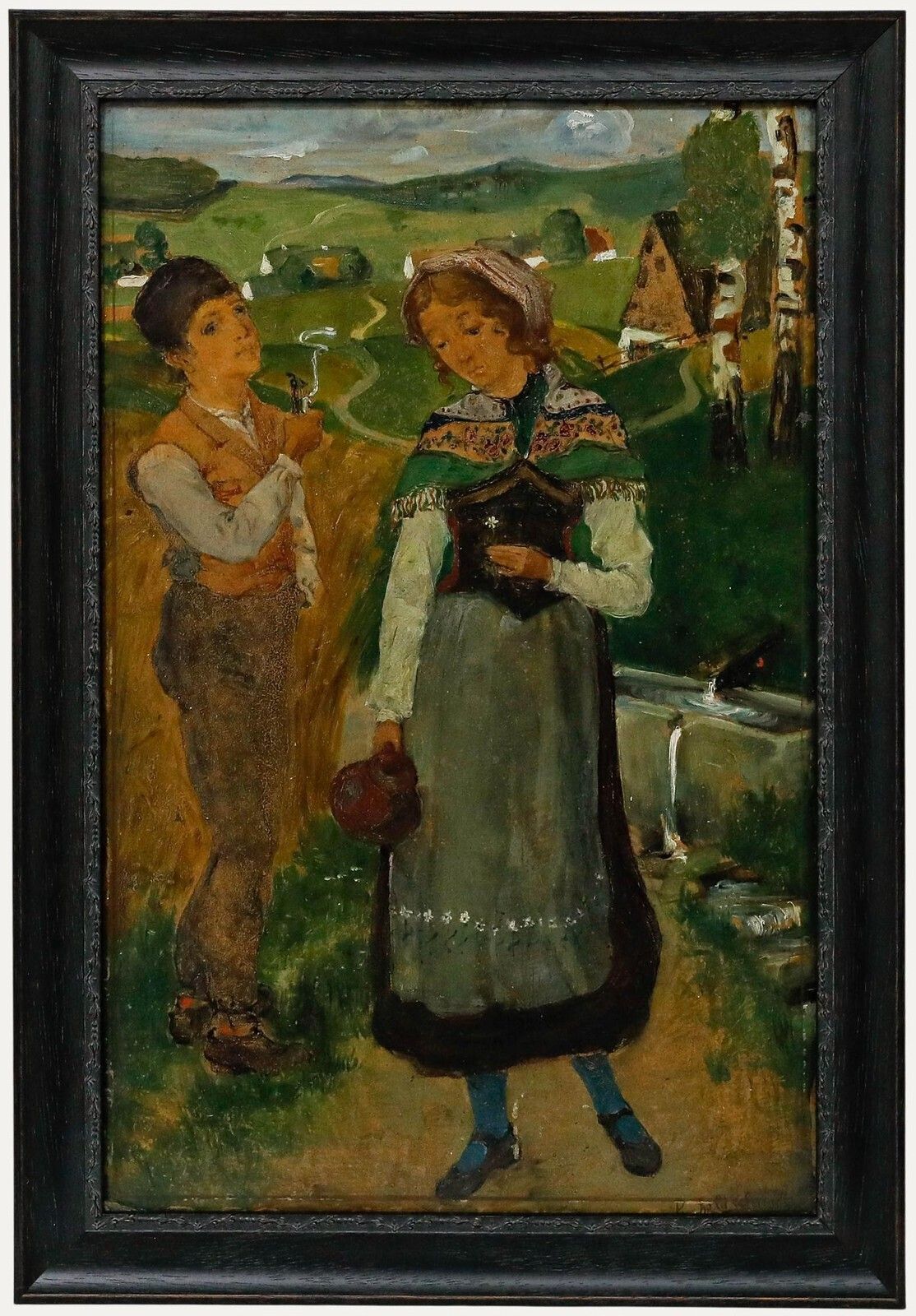 Reinhold Schmidt (1861 1927)   Folk Art Late 19th Century Oil, Courting Couple
