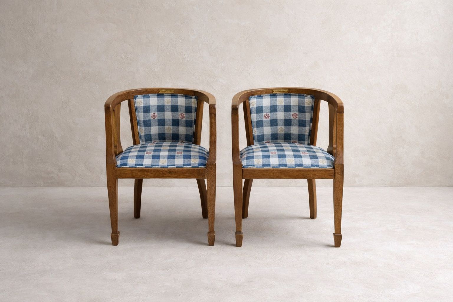 Pair Of Arts & Crafts Oak Tub Armchairs – Dated 1931, Newly Upholstered