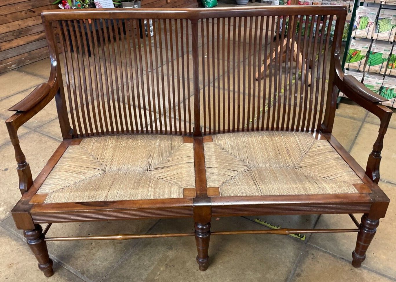 Early 20th Century French Mahogany & Rush 2 Seater Lovers Seat/ Bench