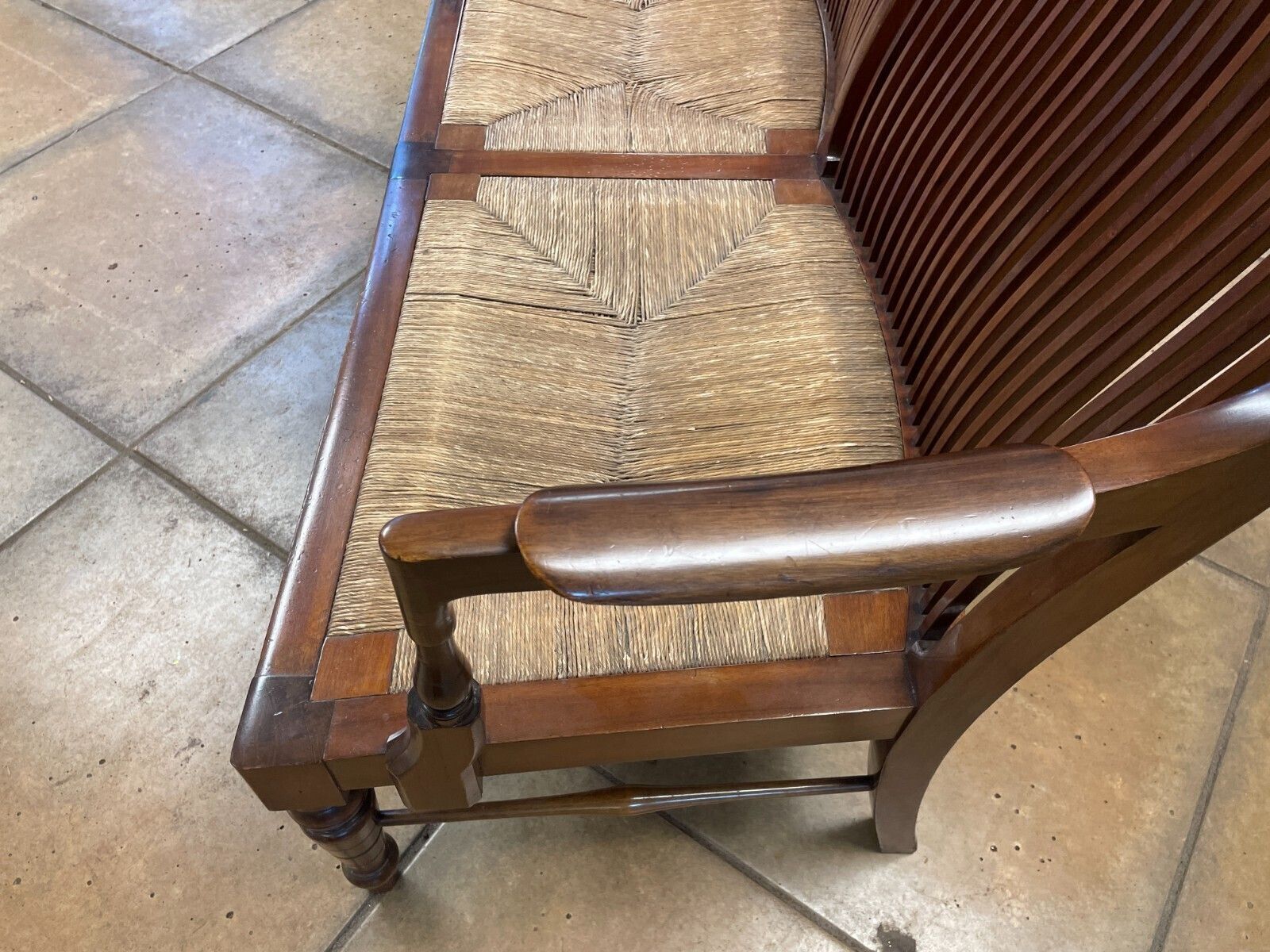 photo for sale Early 20th Century French Mahogany & Rush 2 Seater Lovers Seat/ Bench