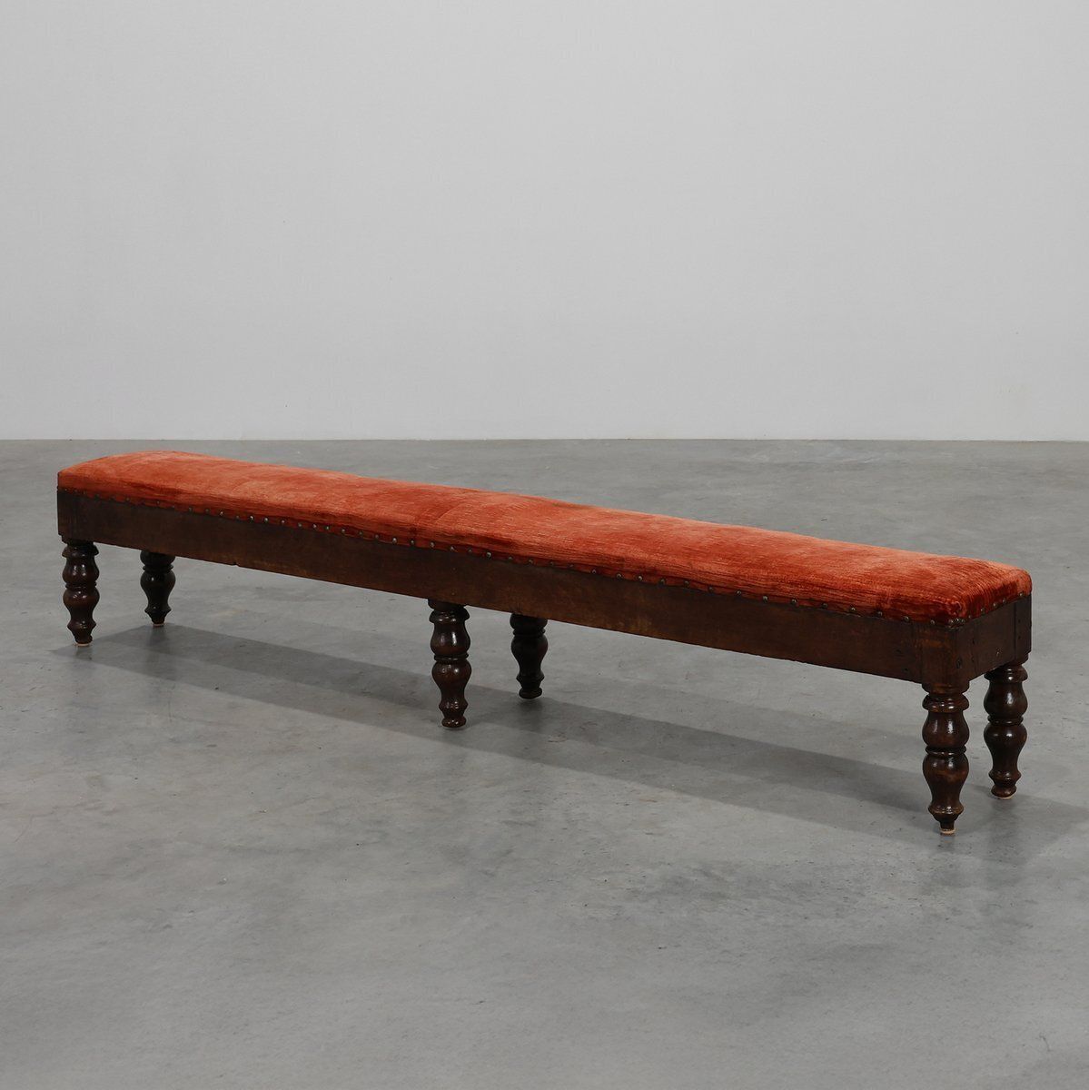 Large Antique French Oak Bench With Velvet Upholstery, 1700s