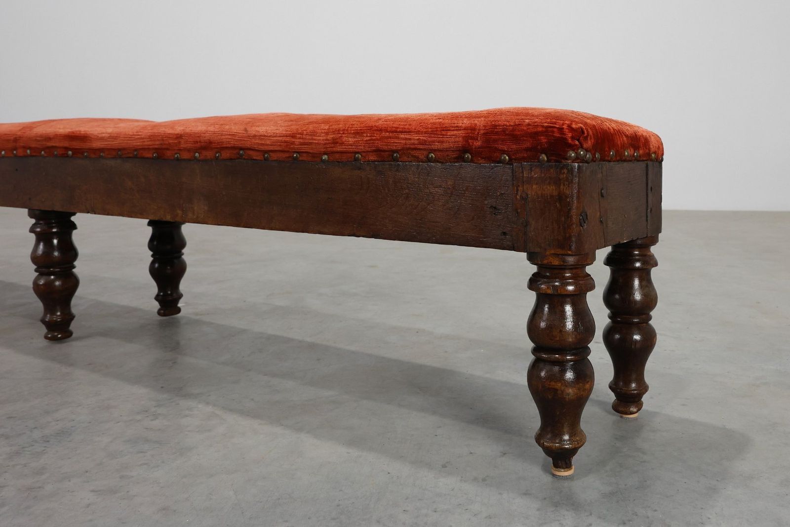 Large Antique French Oak Bench With Velvet Upholstery, 1700s photo furniture