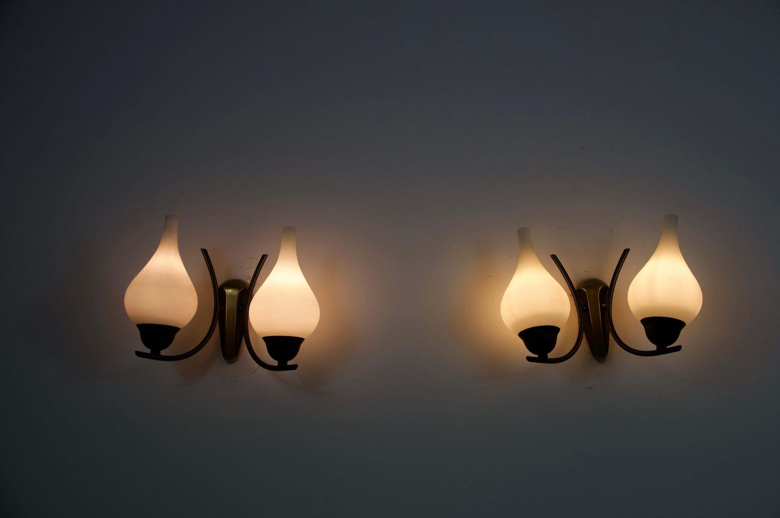 photo for sale Mid Century Brass And Opaline Wall Lamps, Italy, 1960s