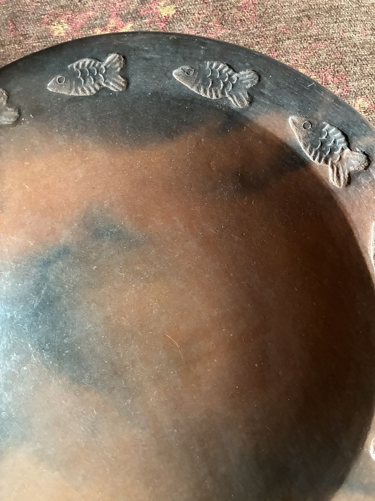 Large Vintage Sasak Pottery Charger Plate  Lombok, Indonesia   Hand Crafted Fish Motif photo for sale