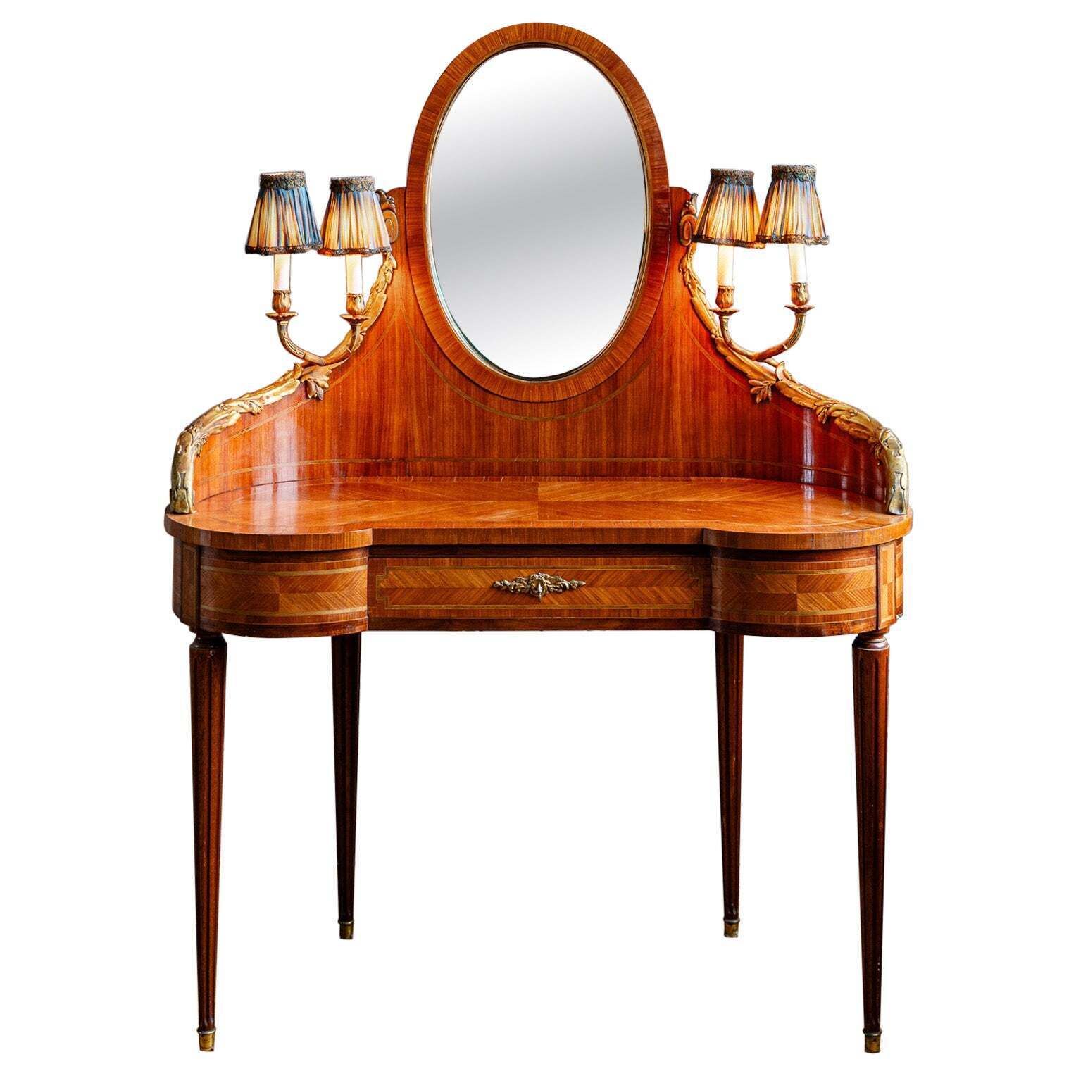 French Louis XVI Style Marquetry Dressing Table With Ormolu Lights, Belle époque