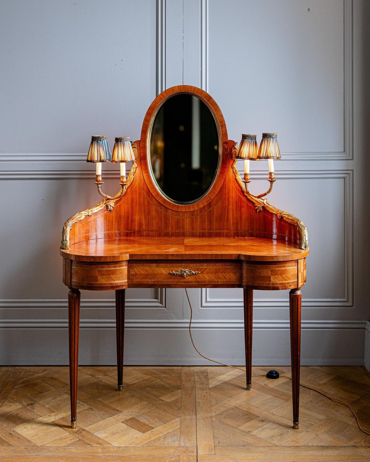 French Louis XVI Style Marquetry Dressing Table With Ormolu Lights, Belle époque photo furniture