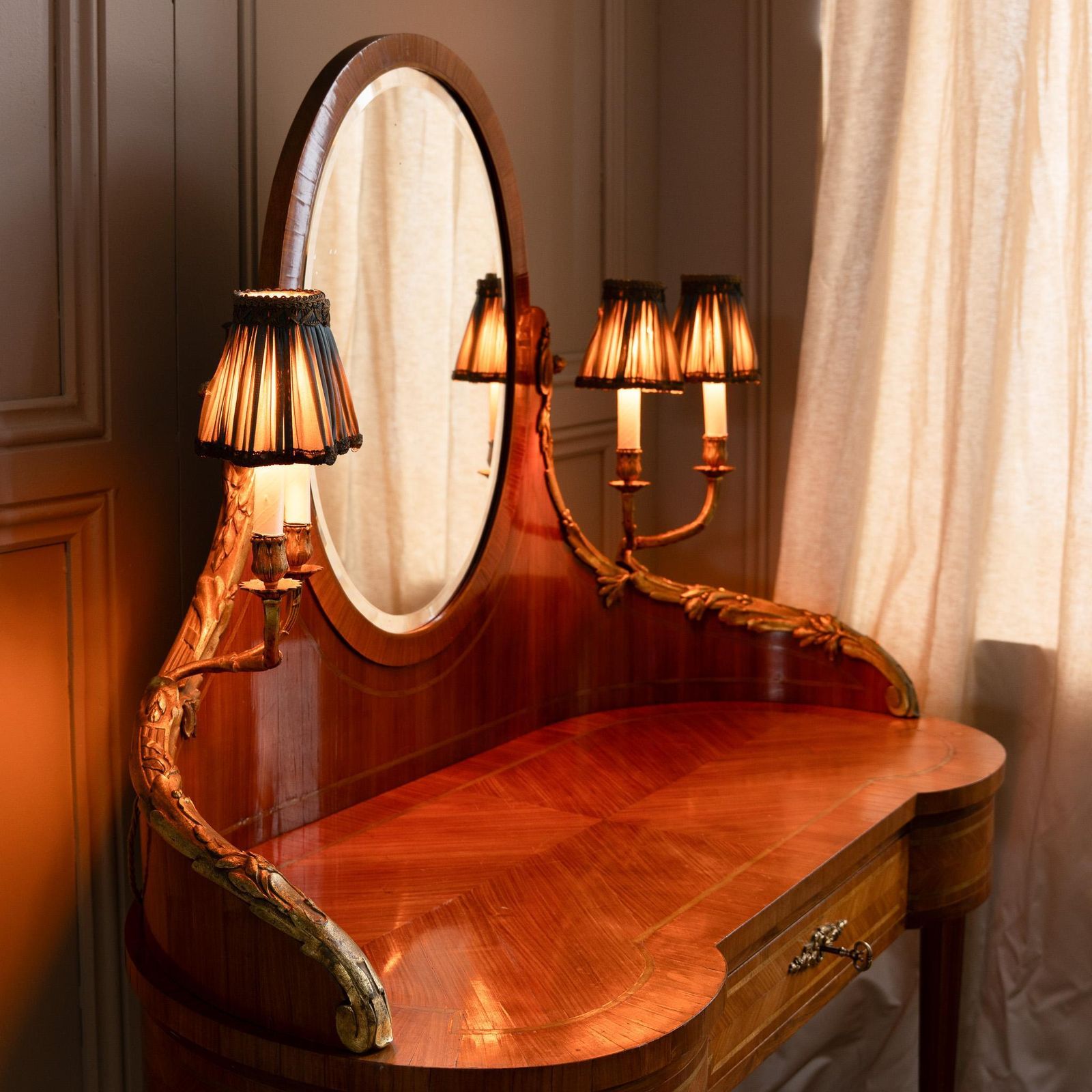 photo for sale French Louis XVI Style Marquetry Dressing Table With Ormolu Lights, Belle époque