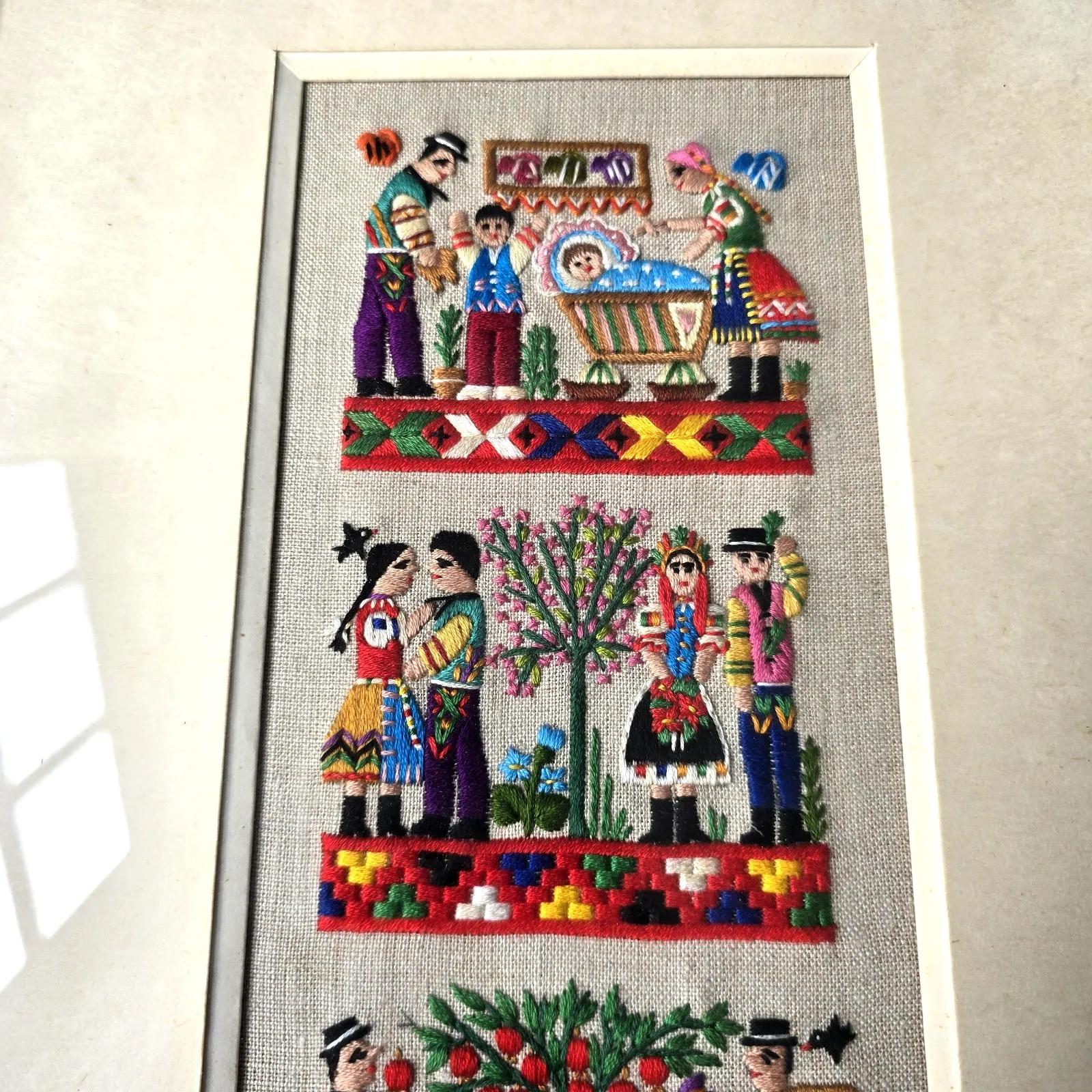 photo buy Vintage Scandinavian Wall Art Crewel Embroidery Folk Art 1960s Family Life Scene