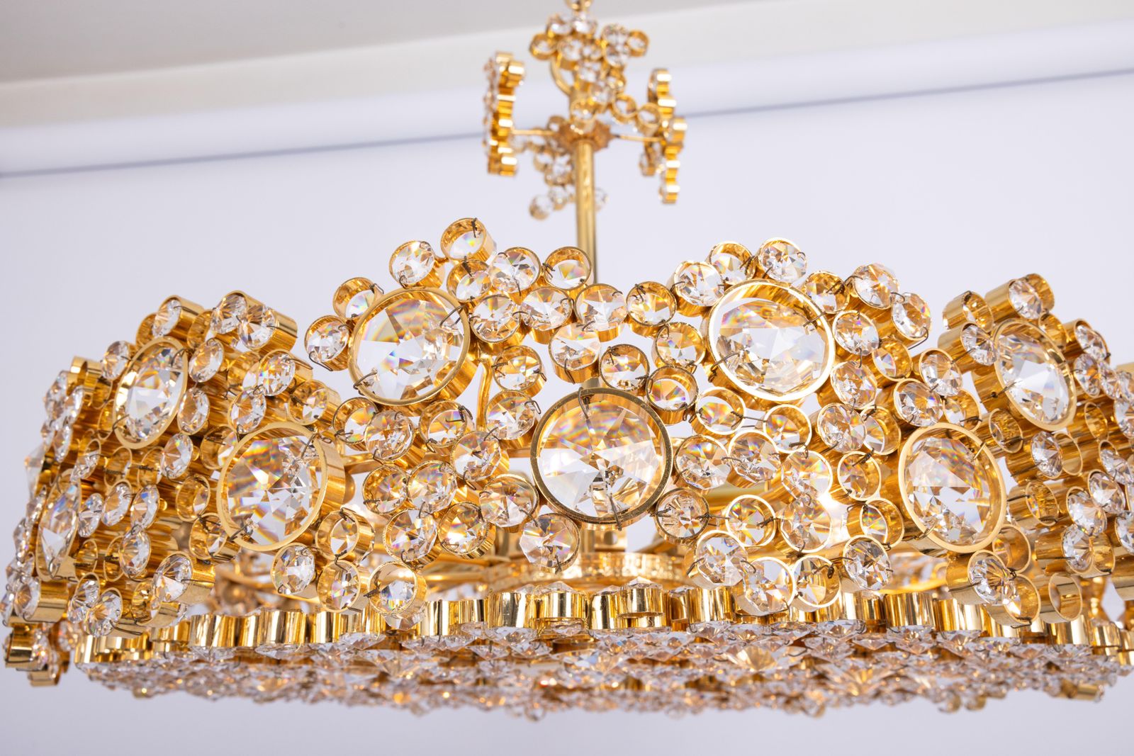 photo for sale Gilt Brass And Crystal Glass Encrusted Chandeliers By Palwa, Germany, 1970s