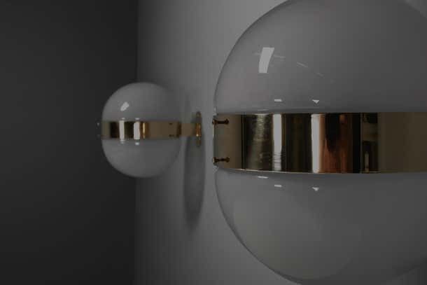 Set Of Two Brass And Opaline Glass ‘Clio’ Sconces By Sergio Mazza For Artemide photo buy