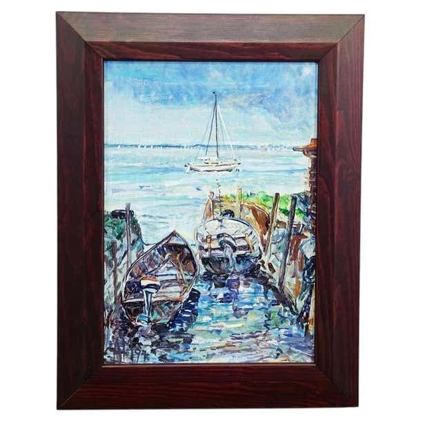 Boat Mooring On Fraueninsel – Oil Painting By Alexander Michael, 1994