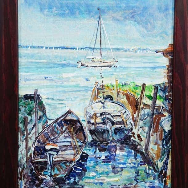 Boat Mooring On Fraueninsel – Oil Painting By Alexander Michael, 1994 photo vinterior