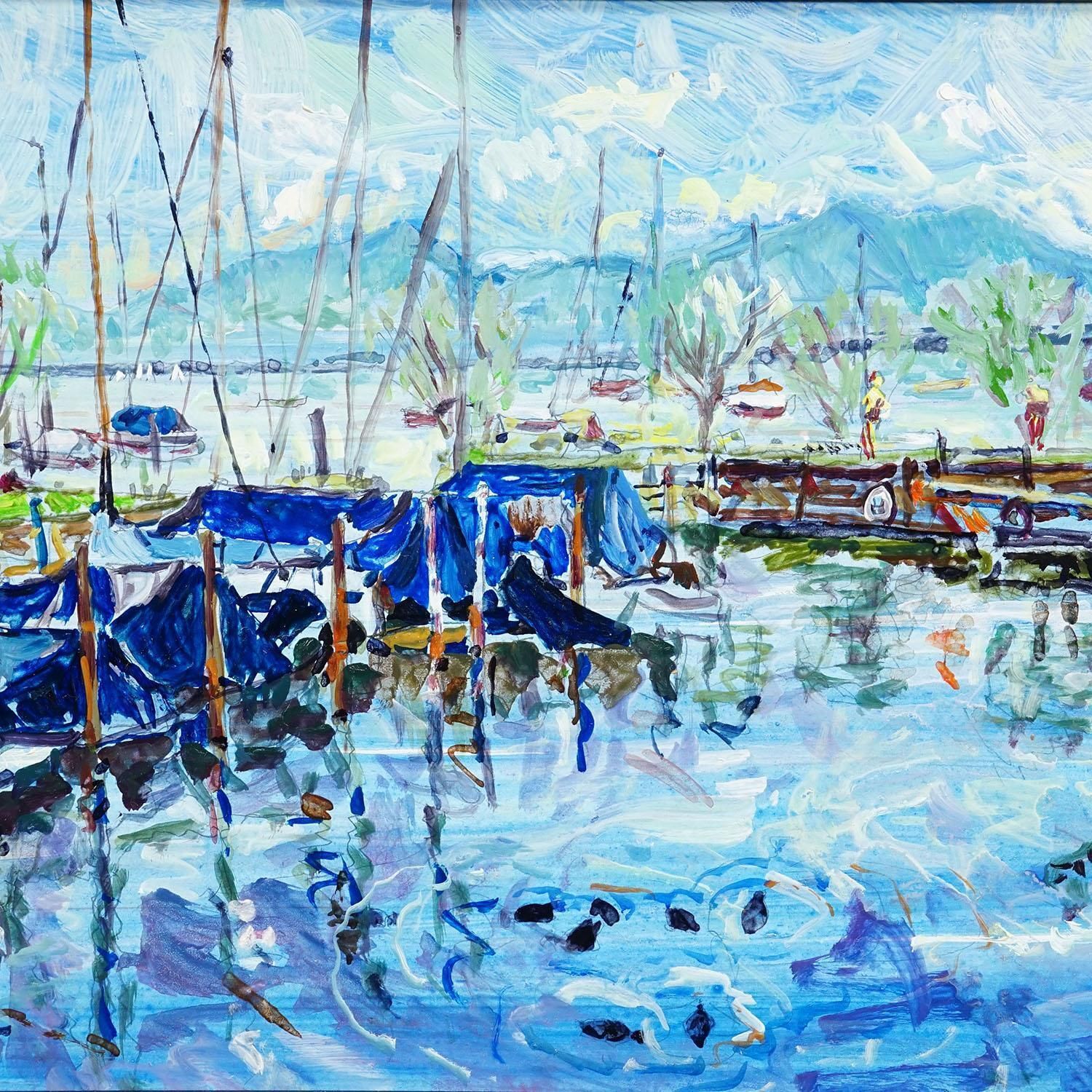 Olieverfschilderij Van Alexander Michael – Bootshaven Fraueninsel 1994 photo vinterior