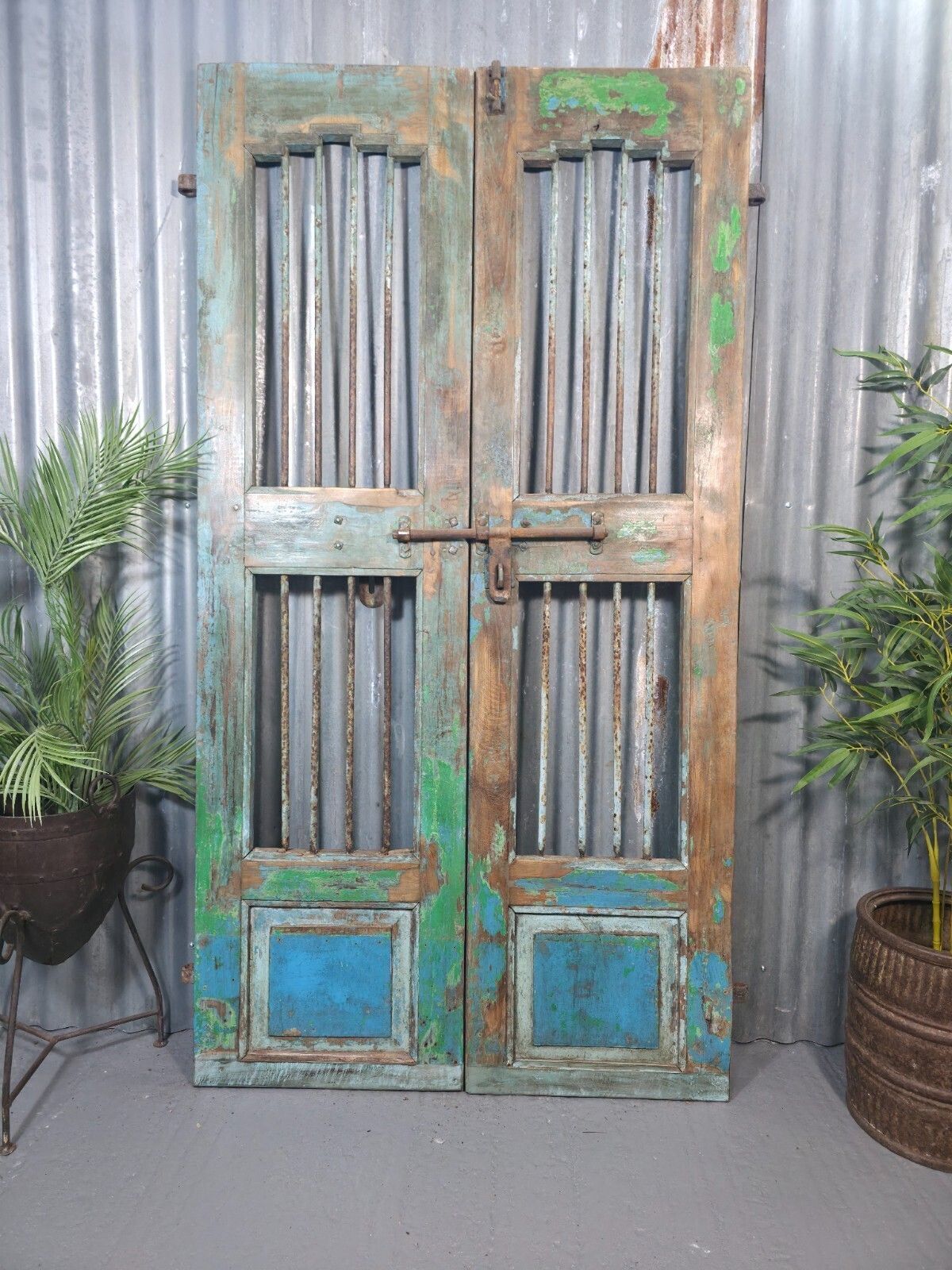 Pair Vintage Rustic Indian Wooden Iron Doors Garden Gates Room Divider Screen photo furniture