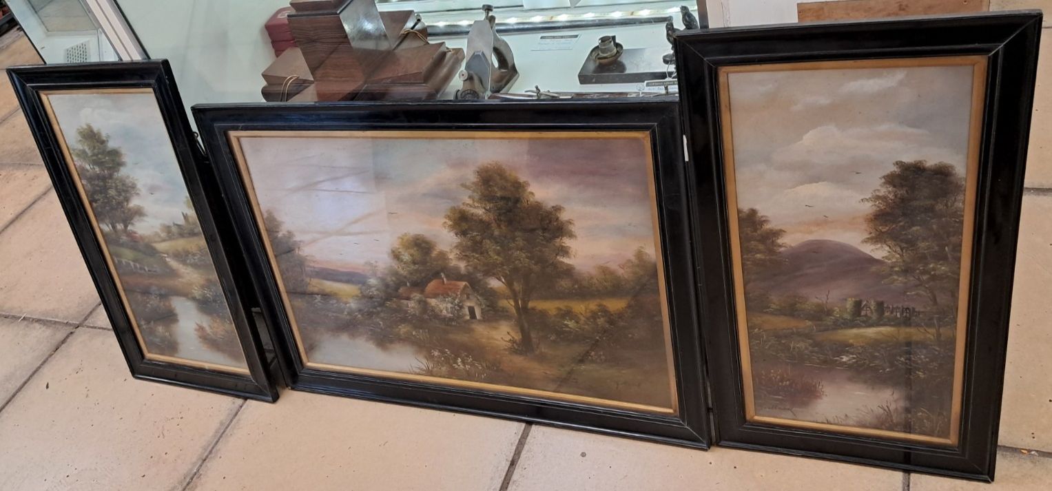 Victorian Oil On Board Set Of 3 Pastoral Scene Paintings   Original Frames (A/F)