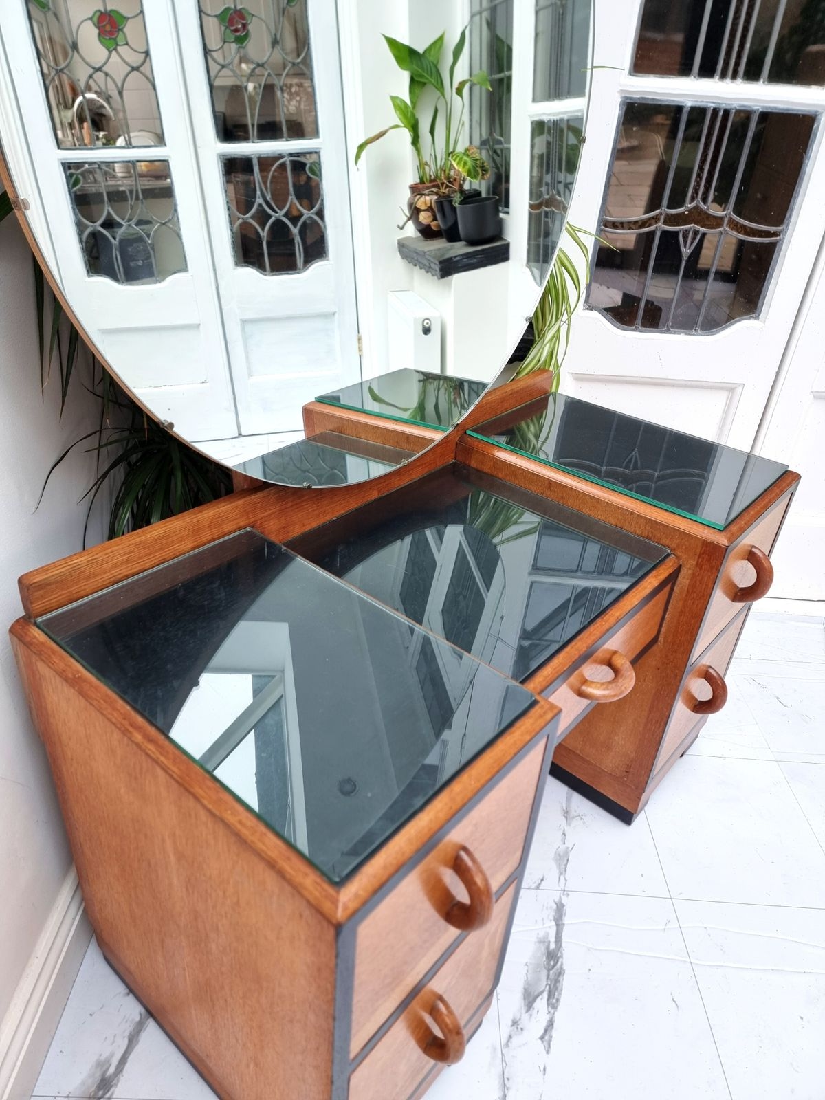 Art Deco Golden Oak / Black Kneehole Dressing Table With Glasstop 1930s photo vintage