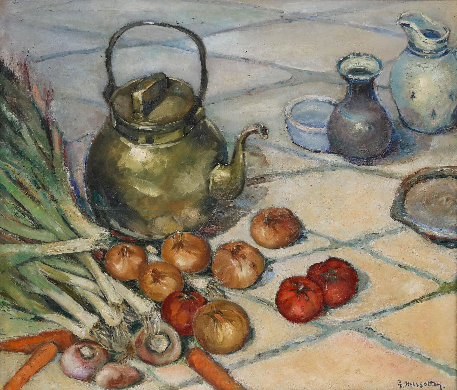 G. Missotten   Framed Early 20th Century Oil, Still Life With Brass Kettle photo furniture