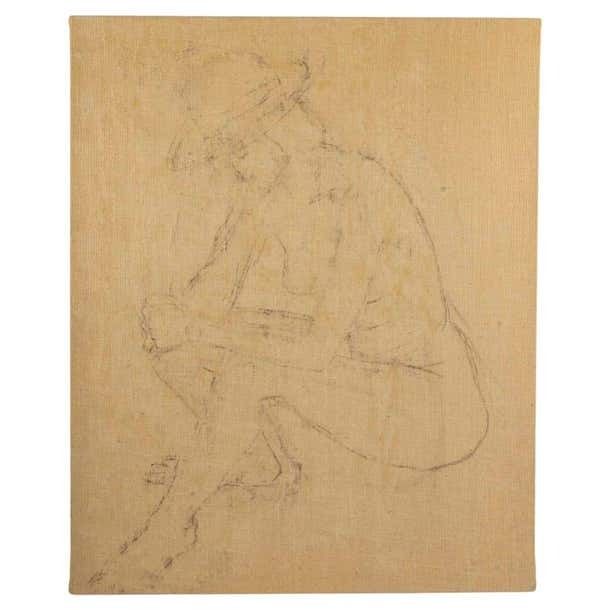 Large Drawing On Canvas By Evelyne Luez, Depicting A Young Woman Wearing A Hat.
