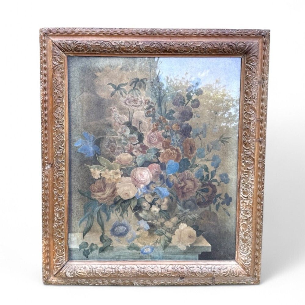 Elegant Late Georgian Carved Pine Picture Or Mirror Frame With Floral Print