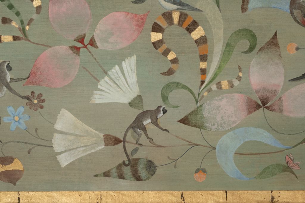 Painted Canvas Decorated With Lemurs, Birds, And Flowers. Contemporary. photo Art