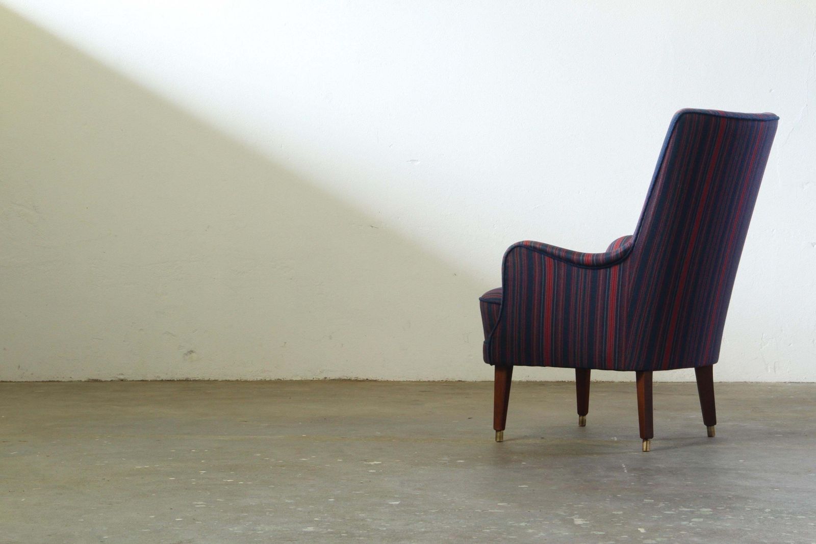 Vintage Mid Century Modern Wingback Armchair In Striped Upholstery, 1950s  1 photo Furniture