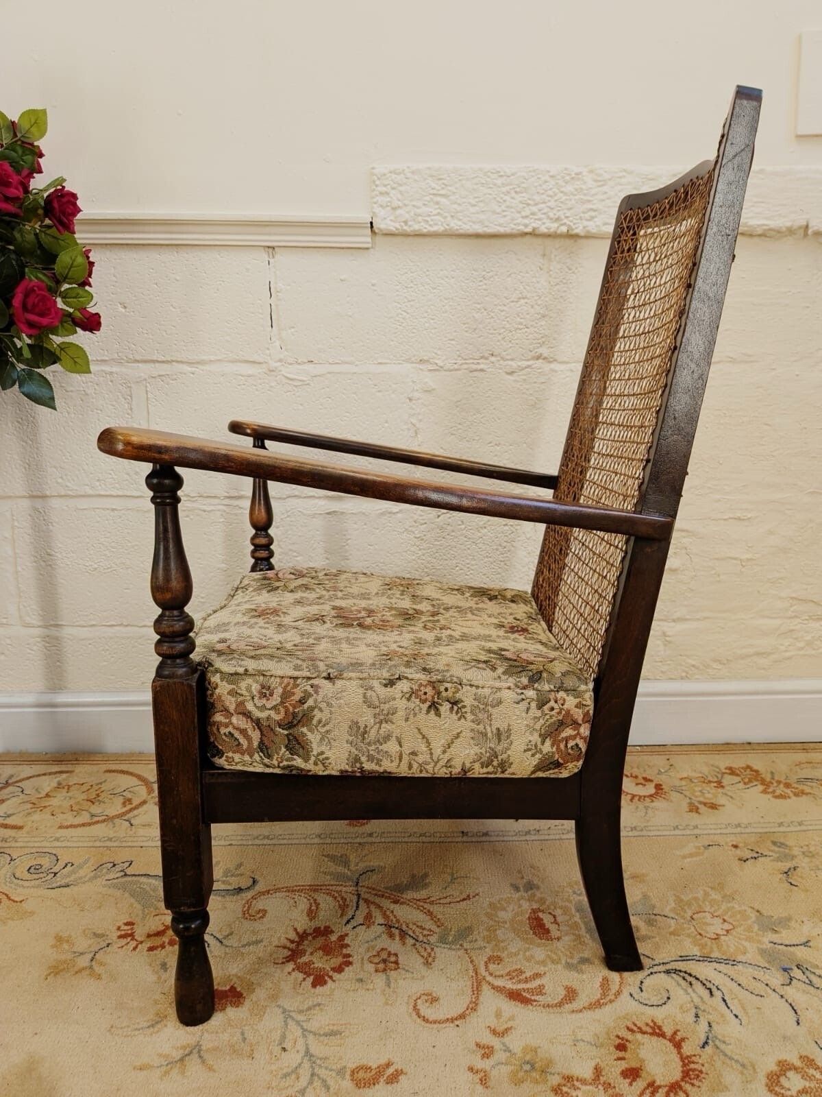 Early 20th Century Stained Walnut Cottage Rattan Armchair photo for sale