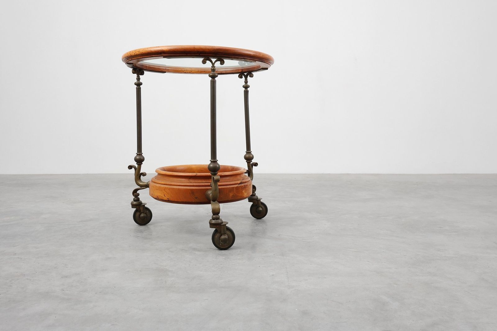 Rustic Copper And Walnut Serving Trolley With Glass Top, France, 1900s photo for sale