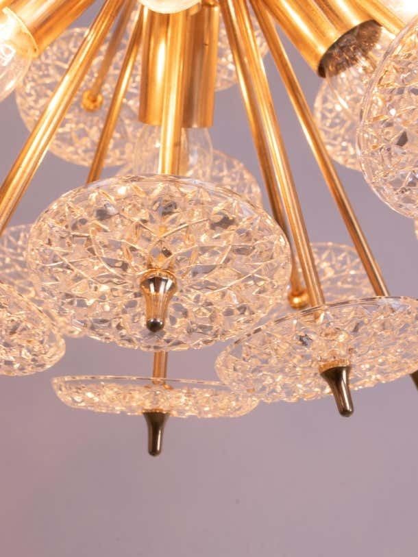 photo furniture Modernist 20" Starburst Chandelier Glass & Brass By Val Saint Lambert 1960s