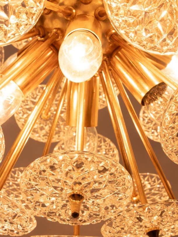 photo for sale Modernist 20" Starburst Chandelier Glass & Brass By Val Saint Lambert 1960s