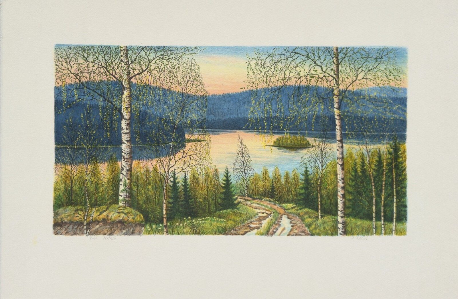 Per Julius Original Lithograph Signed Swedish Landscape Sweden Art Paysage Lacs.