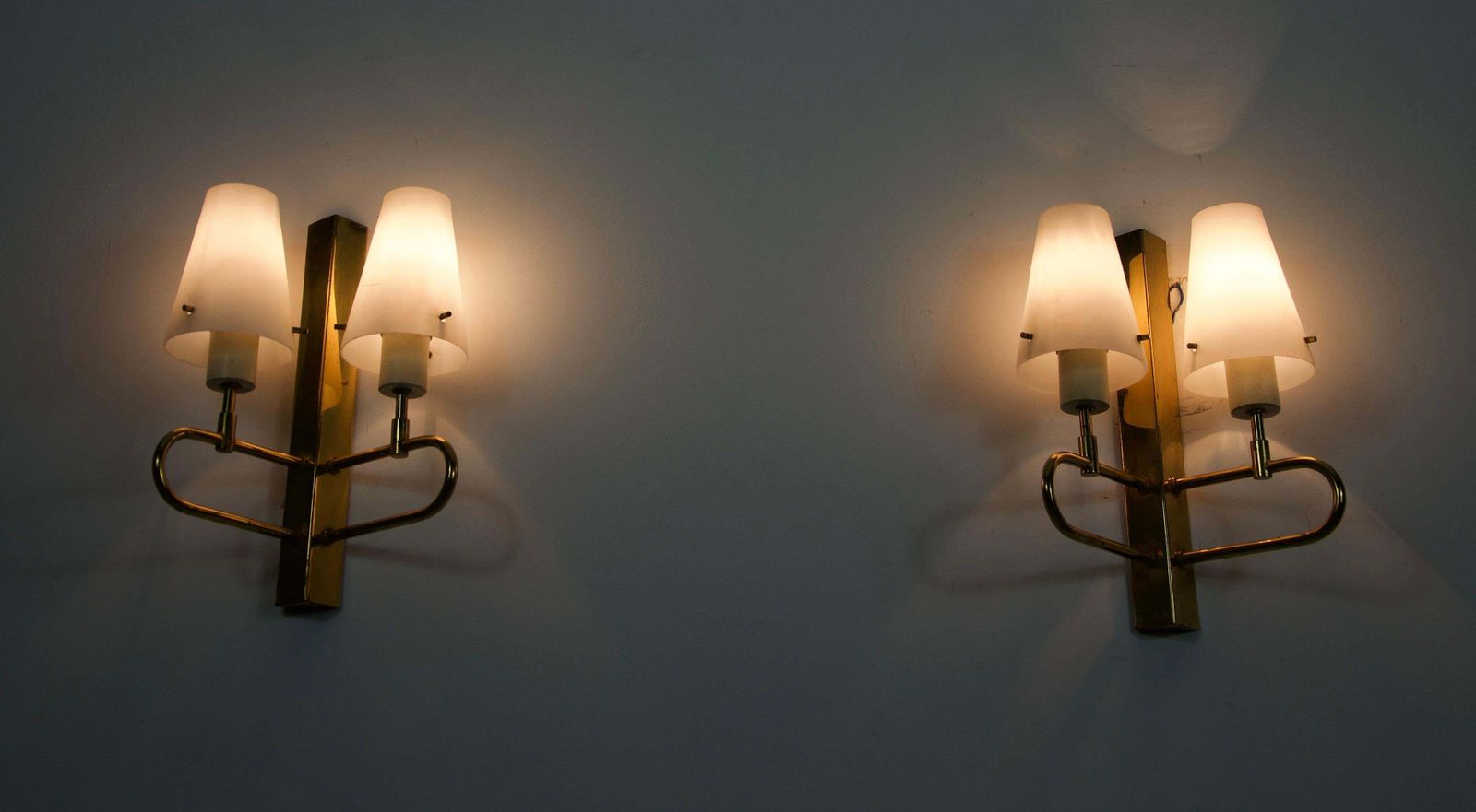 Pair Of Brass And Opaline Wall Lamps, Italy, 1960s photo Lighting