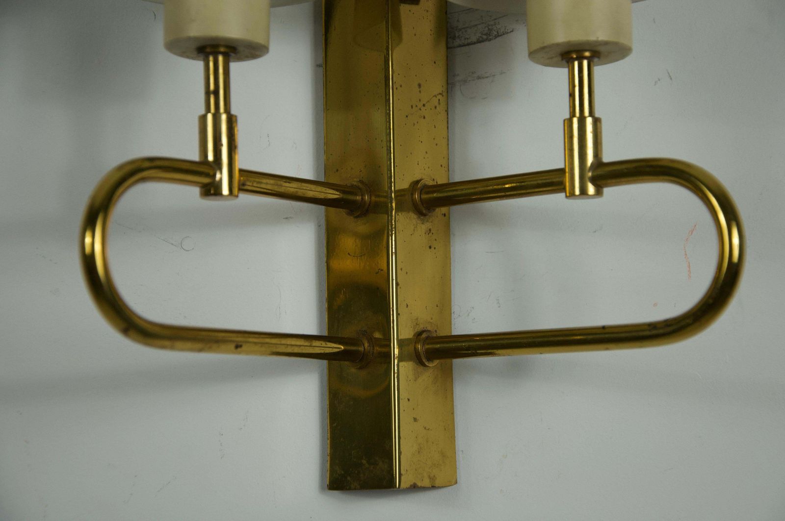 Lighting Pair Of Brass And Opaline Wall Lamps, Italy, 1960s photo