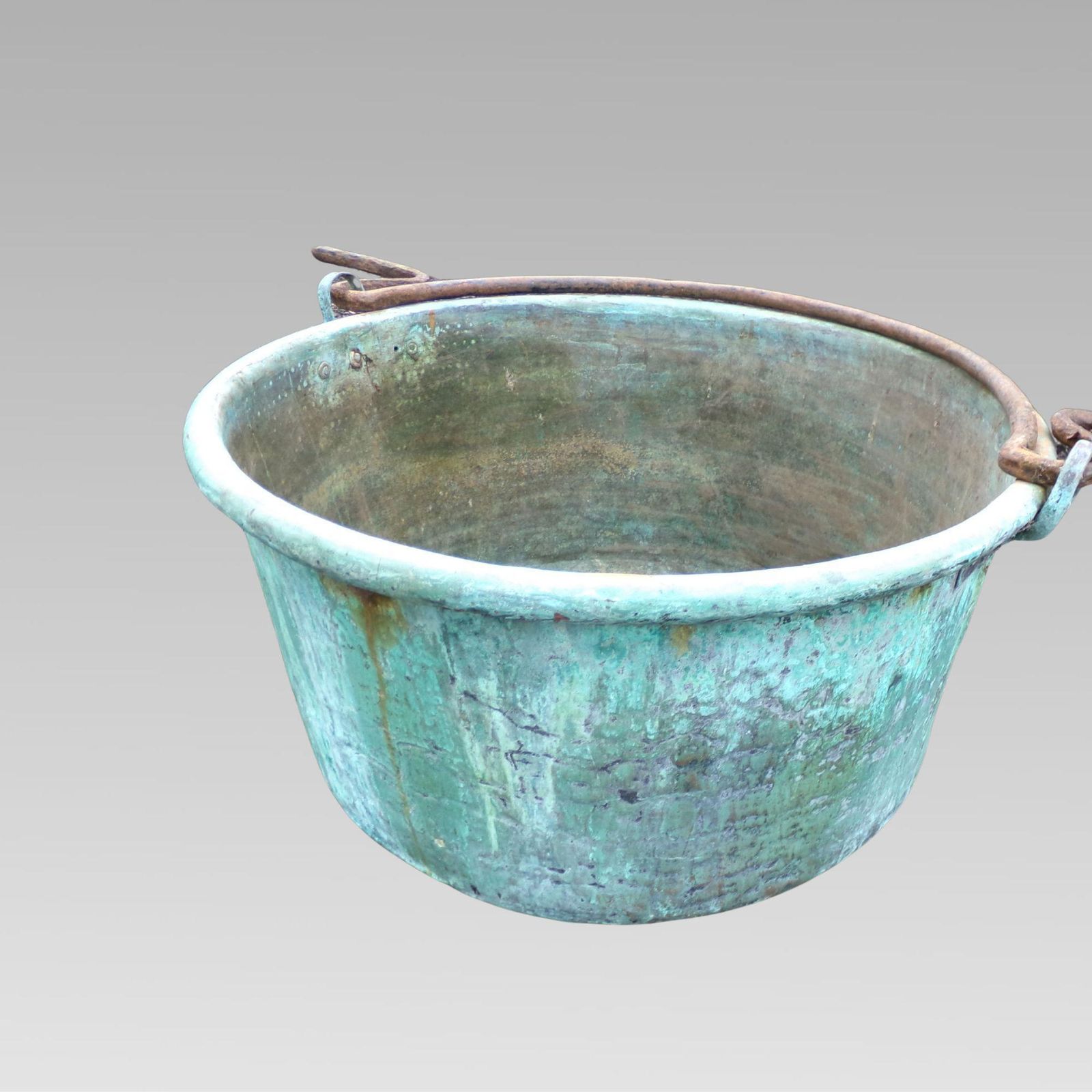 Huge Original Antique Hammered Copper Garden Planter On Wrought Iron Stand W/ Verdigris, Handle & Rivets photo vinterior